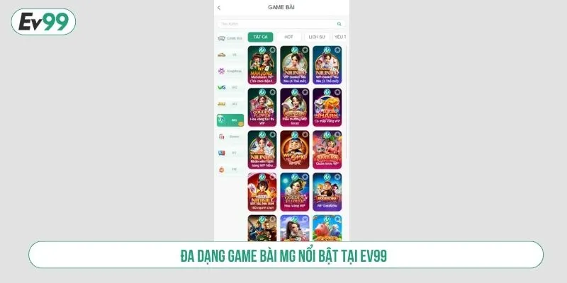 Đa dạng game bài MG nổi bật tại EV99