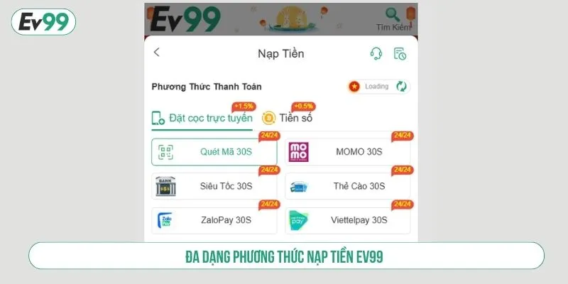 Đa dạng phương thức nạp tiền EV99