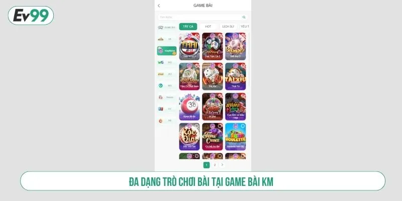 Đa dạng trò chơi bài tại game bài KM