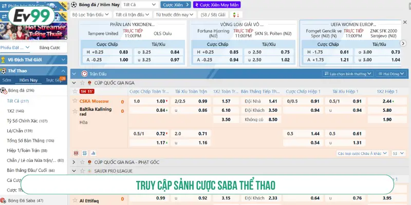 Truy cập sảnh cược Saba thể thao