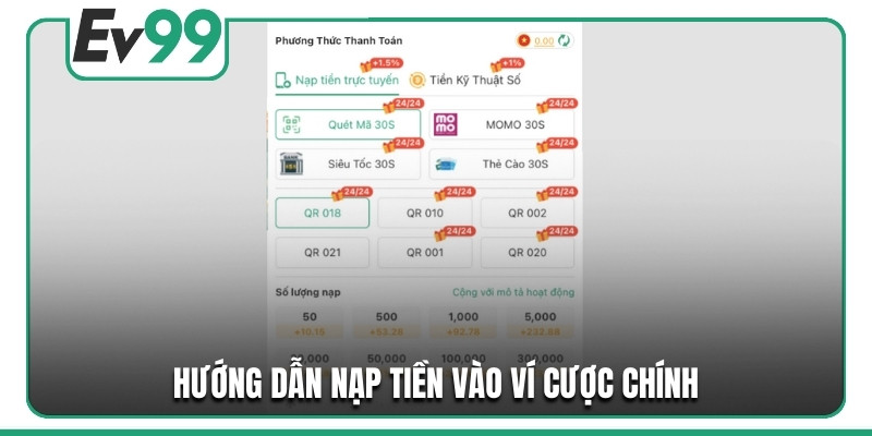 Hướng dẫn nạp tiền vào ví cược chính